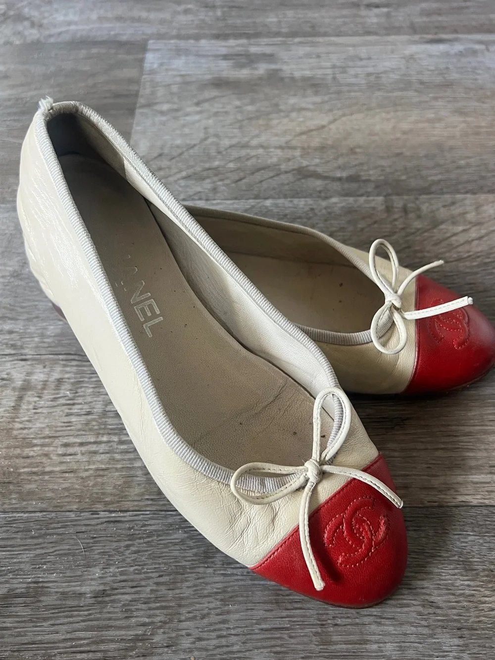 Chanel Red Cap Toe Ballet Flats in Beige
